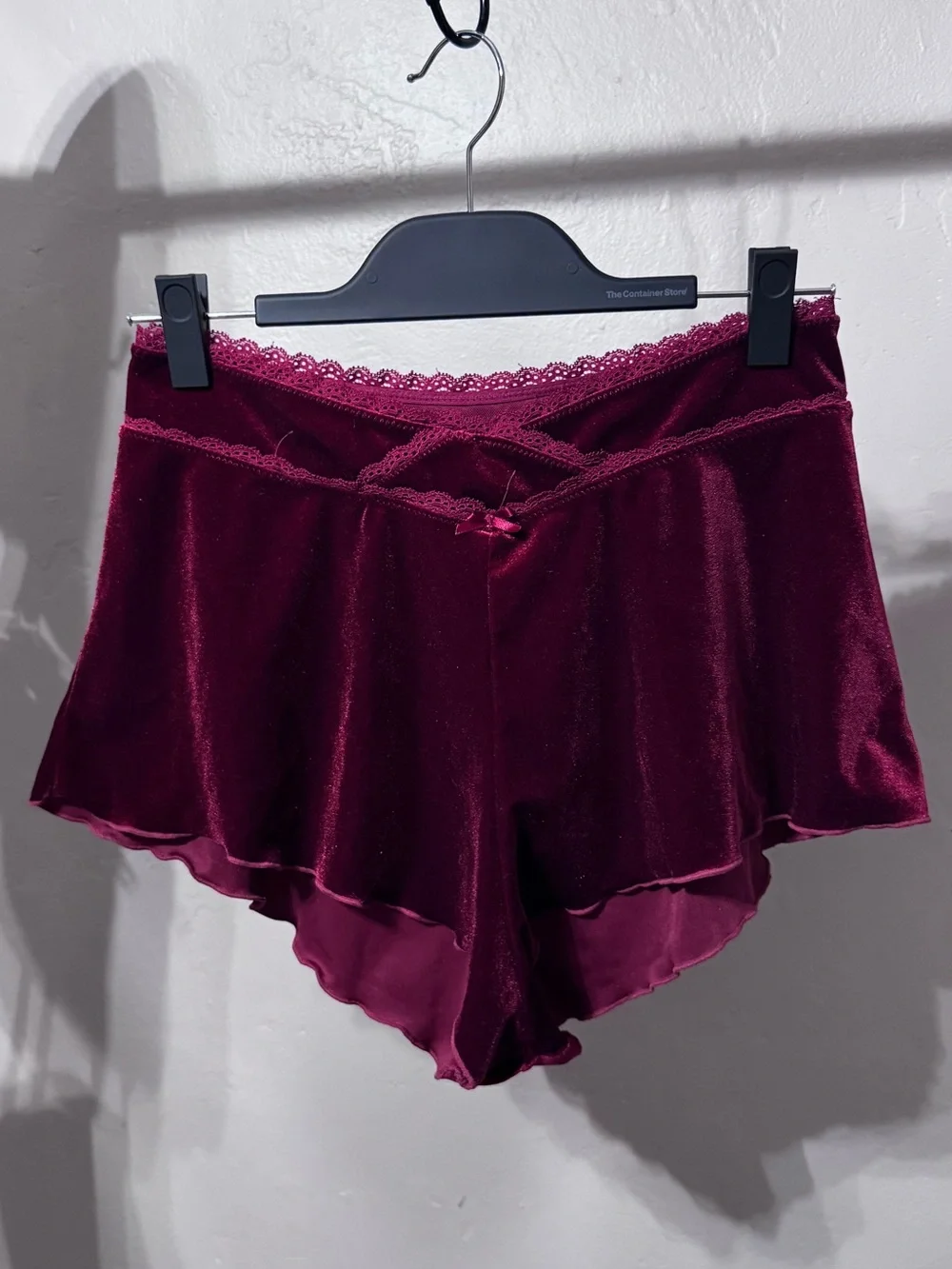 Velvet Lace Trim Sleep Shorts Burgundy Red Crushed Velour Boudoir Lounge Size M